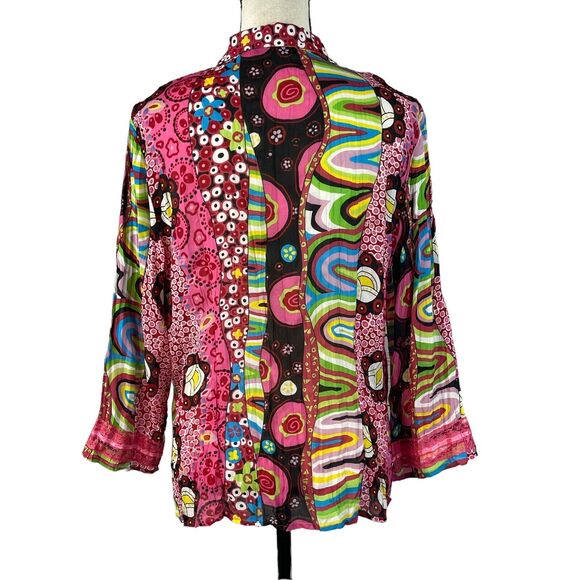 Violet & Claire X-Large Top Snap Front 3/4 Sleeve Boho Lace Geometric Pink Multi - Picture 7 of 9